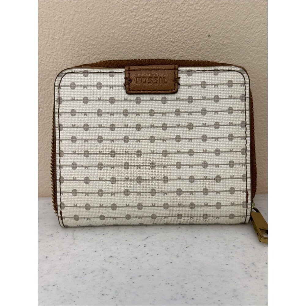 Fossil White & Gray Dots Keys Geometric RFID Smartphone Zip Around Wallet
